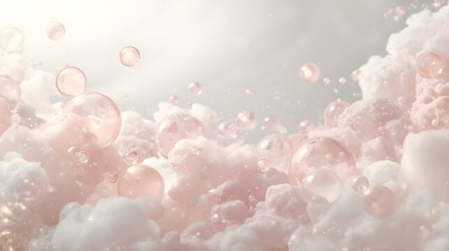 Abstract Skincare Cosmetic Soap Bubbles with Pastel Pink Clouds Backdrop