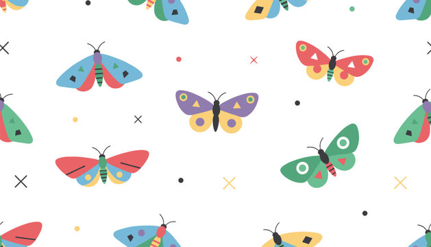 Colorful seamless pattern of various butterflies and moths with different wing shapes and patterns on a white background.