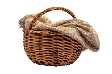 Obraz premium Elegant wicker basket with patterned cloth isolated on transparent background. Handwoven wicker basket with burlap cloth cover isolated on white background.