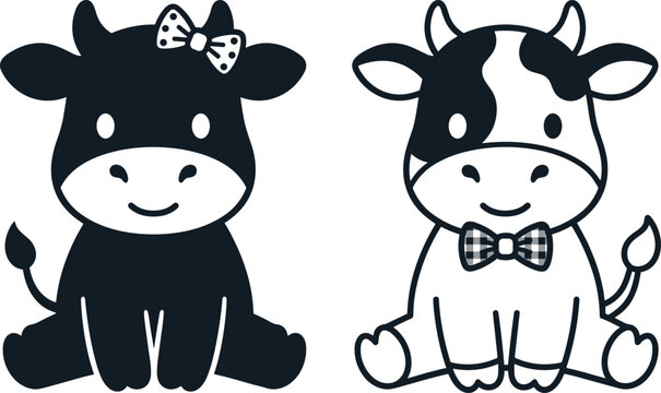Cute black and white cartoon baby cows vector illustration set