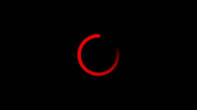 Glowing red circular loading spinner animation loop on black background for digital buffering concept