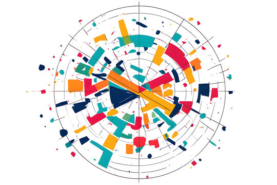 Abstract Circular Geometric Infographic Design with Vibrant Colorful Rectangular Segments and Radial Grid Lines