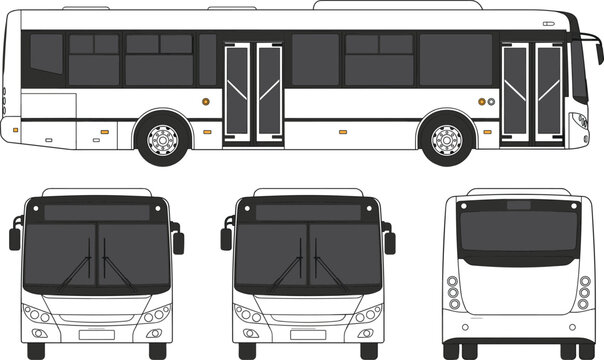 Set of public transit bus technical drawings showing front, rear, and lateral profile vectors for vehicle branding.