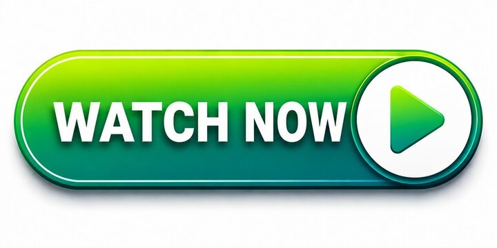 Green play button with watch now text on modern gradient capsule