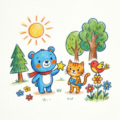 Fototapeta premium animals in the forest bear and cat with bird and fish, defocus 