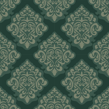 Seamless gothic damask pattern with layered medieval ornaments in dark green, sage green and cream. Elegant vintage design inspired by European decorative art and baroque textiles, ideal for wallpaper