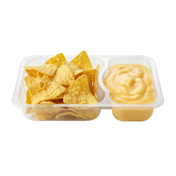 Plastic tray of crispy nachos with melted cheese dip