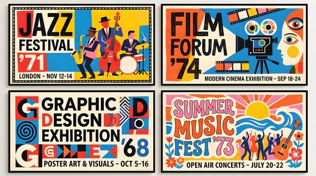 Set of four retro 1970s event posters with jazz band, cinema, graphic design and summer music festival, vintage typography and bold colors
