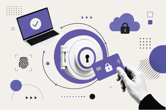Halftone Pop Art Collage with Hand Holding Credit Card, Safe Lock, and Laptop. Online Banking Security and Digital Payment Protection Concept with Fingerprint and Cloud Lock