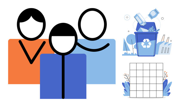 Group of people icons, recycling bin, and grid chart vector illustration. Sustainability, waste management, teamwork, data analysis, community, ecology. Human avatars, trash container table