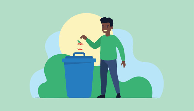 Young man cheerfully throws a red apple core into a blue recycling bin, promoting environmental awareness and waste management.