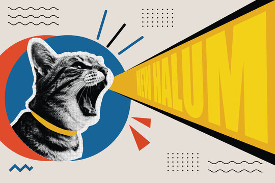 Halftone Pop Art Collage with Roaring Cat and Meow Loud Typography. Animal Sound Concept with Bold Speech Cone. Retro Comic Style Illustration with Geometric Shapes