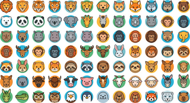Cute cartoon animal faces round avatar icon vector mega set with outline badges for kids profile and app designs