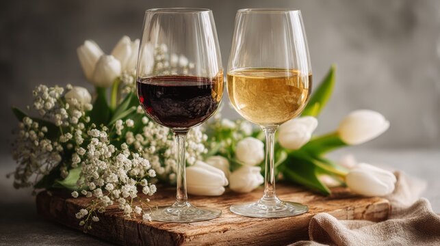 Wine and cheese table setting with white flowers, elegant dining scene, cozy celebration, romantic dinner, wine night.