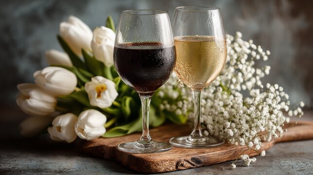 Wine and cheese arranged with white flowers on a rustic table, elegant dining scene, cozy celebration, romantic dinner, wine night.