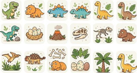 Obraz premium Cute cartoon dinosaur icon collection with little dinosaurs eggs fossils volcano palm tree prehistoric animals vector illustration bundle