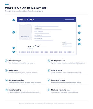 Anatomy of an identity document with eight annotated parts on a blank generic card