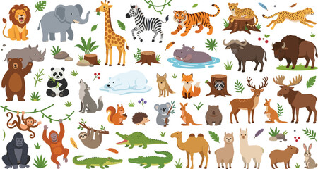 Obraz premium Cute cartoon safari and wild animals vector big collection with lion tiger elephant giraffe buffalo bear and jungle creatures