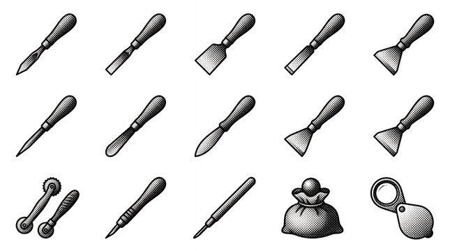 Specialized hand tools for artistic leatherwork and printmaking on white background.
