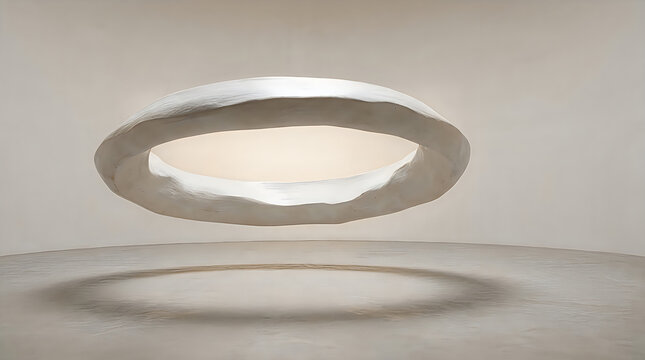 Abstract white ceramic loop sculpture suspended in a bright minimalist space