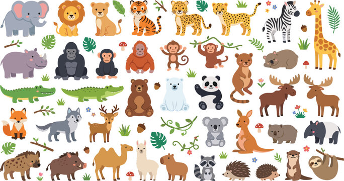 Cute cartoon wild animals vector mega set with safari jungle forest polar and desert creatures for kids designs