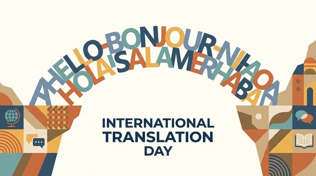 International translation day concept with bridge of greetings in multiple languages and global icons for cultural connection