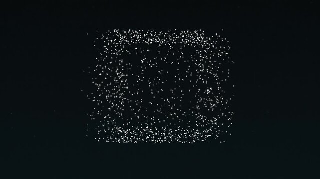 Abstract digital particle cloud forming a square shape on black background