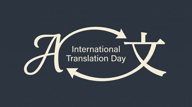 Circular arrow cycle between cursive A and Chinese character for international translation day representing dynamic language exchange