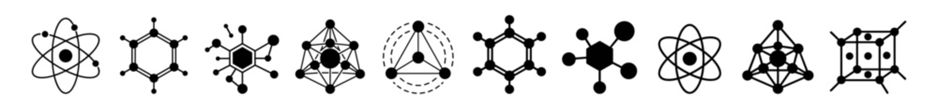 Black and white scientific molecular and atomic structure icons set including atoms, molecules, and geometric chemistry models on transparent background