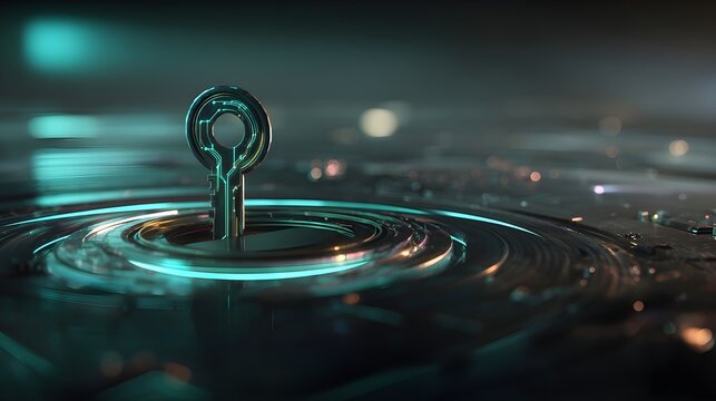 Metal key emerging from reflective liquid with concentric ripples