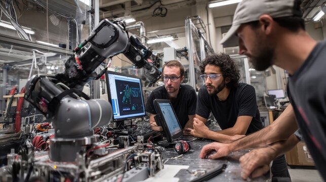 Robotic arm prototype testing phase, specialists monitoring performance 
