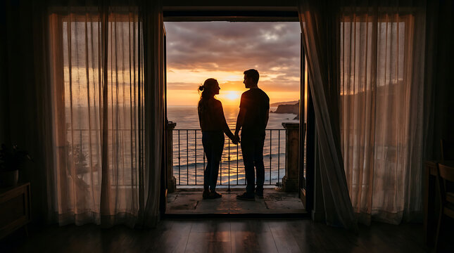 Silhouetted couple embracing on balcony overlooking ocean sunset with dramatic sky
