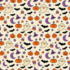 Fototapeta premium Cute Halloween seamless pattern vector. Funny ghosts, pumpkins, bats, candy corn. Kids spooky repeating texture for print, fabric, wrapping paper, invitations. isolated on White Background