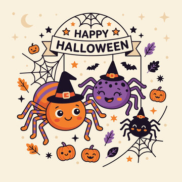 Cute cartoon spiders wearing witch hats. Happy Halloween greeting card design. Orange, purple and black scary holiday vector illustration. isolated on White Background Halloween ,Editable Eps