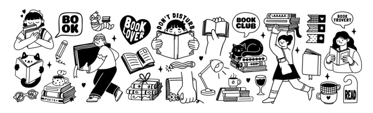 Reading. Doodle books. Cute people characters with books. Book lovers club, student read novel. Hand drawn library, bookstore elements, sticker. Vector set