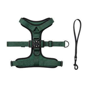 Forest green pet dog harness with black adjustable straps and matching leash set for outdoor walking and animal safety.
