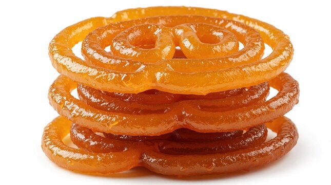 Stack of sweet orange jalebi on white background. Traditional Indian dessert made from fermented batter fried in syrup. Tasty crispy crunchy snack for Diwali wedding party. Glazed sugary