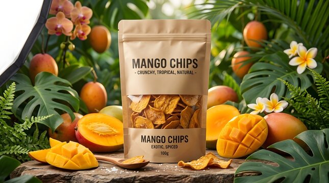 A package of mango chips surrounded by fresh mangoes and tropical leaves.