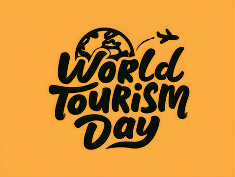 World tourism day hand lettering typography design with globe and airplane icon on yellow background