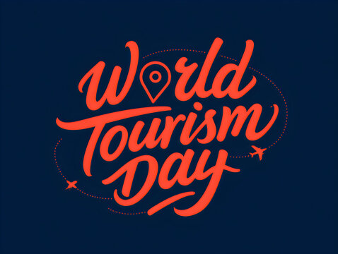 World tourism day hand lettering typography design with location pin and airplane icons
