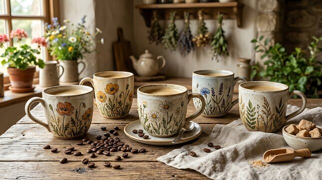 Rustic ceramic mugs decorated with delicate hand painted wildflowers sit beautifully on a weathered wooden kitchen table alongside scattered roasted coffee beans and a small bowl filled with brown sug