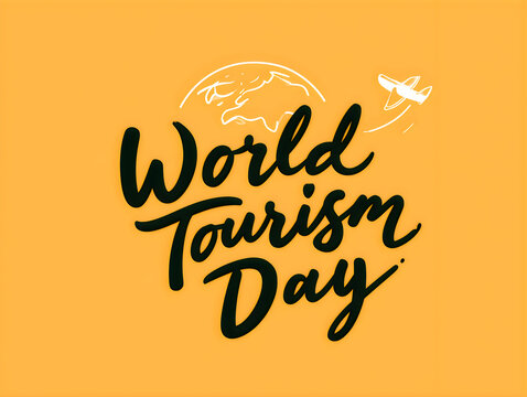 World tourism day hand written lettering with a small airplane and globe icon on yellow background