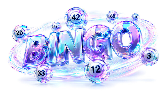 Vibrant 3D bingo game card with glowing numbers and colorful spheres for casino or party design