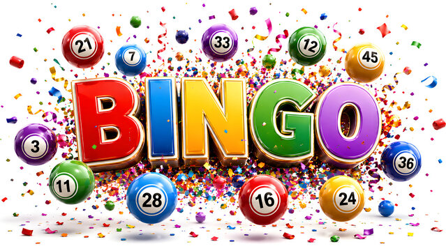 Colorful bingo game letters and numbers with confetti celebration background for fun events