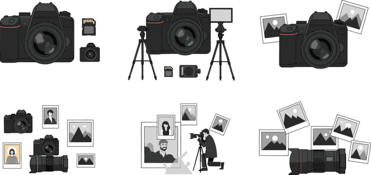 Photography and camera equipment vector set featuring professional dslr cameras tripod lenses memories and photographer icon illustrations,