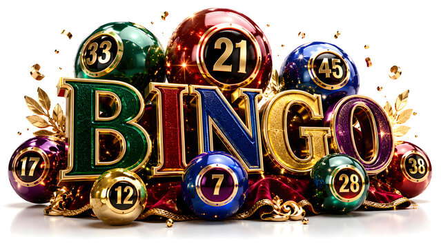 Colorful bingo balls with numbers spilling out for game night and casino promotions