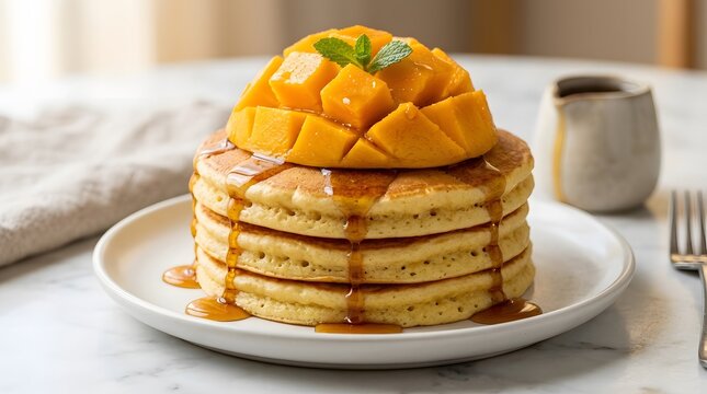A stack of fluffy pancakes topped with fresh cubed mango and syrup.