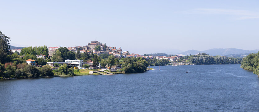 panoramic view of tui town and cathedral over minho river in galicia spain