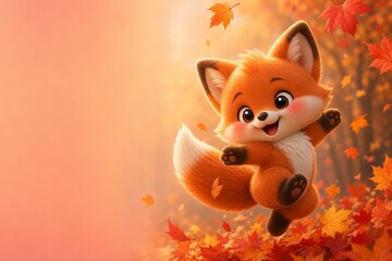 Naklejka premium Cute fox character playing among falling autumn leaves in a sunlit forest. Whimsical seasonal illustration with copy space for greeting card, children’s design, and nature theme.