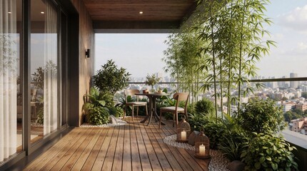 Fototapeta premium Modern apartment balcony with wood decking, rich green plants. Small outdoor terrace features bamboo, table, chairs, lanterns. Peaceful urban oasis overlooking city landscape with highrise buildings.